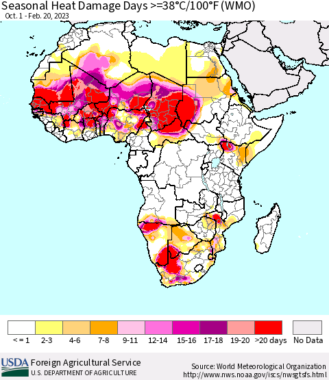 Africa Seasonal Heat Damage Days >=38°C/100°F (WMO) Thematic Map For 10/1/2022 - 2/20/2023