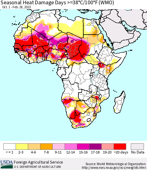 Africa Seasonal Heat Damage Days >=38°C/100°F (WMO) Thematic Map For 10/1/2022 - 2/28/2023