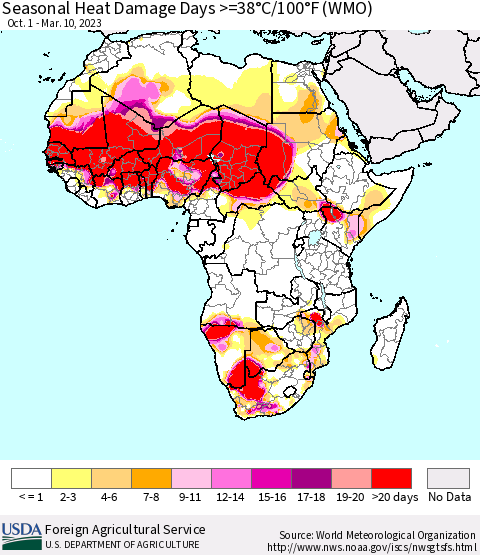 Africa Seasonal Heat Damage Days >=38°C/100°F (WMO) Thematic Map For 10/1/2022 - 3/10/2023