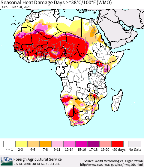 Africa Seasonal Heat Damage Days >=38°C/100°F (WMO) Thematic Map For 10/1/2022 - 3/31/2023