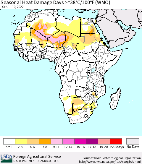Africa Seasonal Heat Damage Days >=38°C/100°F (WMO) Thematic Map For 10/1/2022 - 10/10/2022