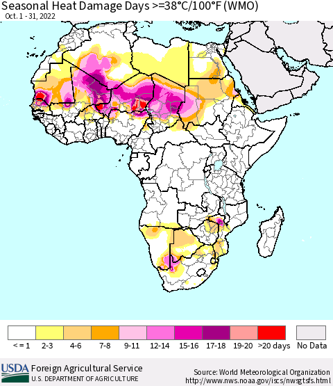 Africa Seasonal Heat Damage Days >=38°C/100°F (WMO) Thematic Map For 10/1/2022 - 10/31/2022