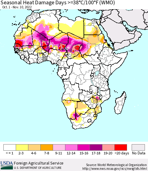 Africa Seasonal Heat Damage Days >=38°C/100°F (WMO) Thematic Map For 10/1/2022 - 11/10/2022