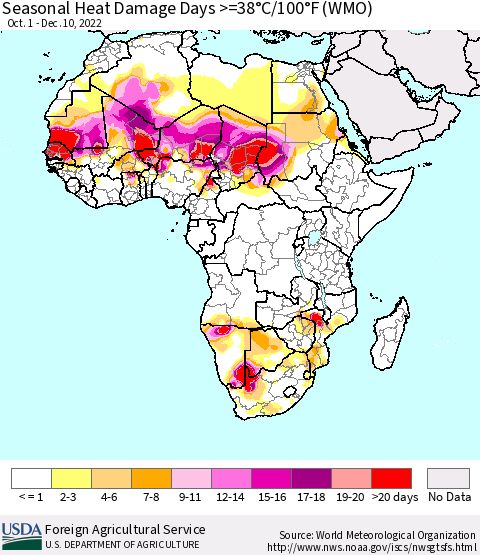 Africa Seasonal Heat Damage Days >=38°C/100°F (WMO) Thematic Map For 10/1/2022 - 12/10/2022