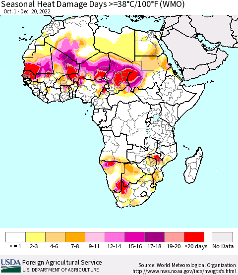 Africa Seasonal Heat Damage Days >=38°C/100°F (WMO) Thematic Map For 10/1/2022 - 12/20/2022