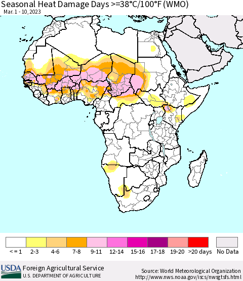 Africa Seasonal Heat Damage Days >=38°C/100°F (WMO) Thematic Map For 3/1/2023 - 3/10/2023