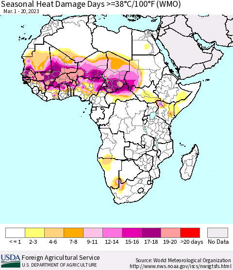 Africa Seasonal Heat Damage Days >=38°C/100°F (WMO) Thematic Map For 3/1/2023 - 3/20/2023