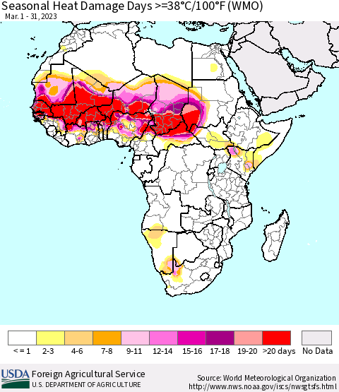 Africa Seasonal Heat Damage Days >=38°C/100°F (WMO) Thematic Map For 3/1/2023 - 3/31/2023