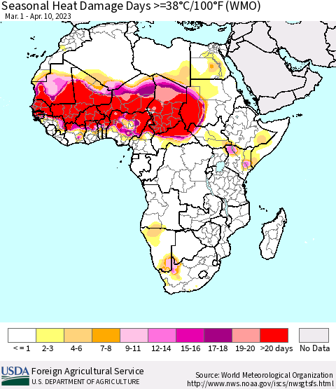Africa Seasonal Heat Damage Days >=38°C/100°F (WMO) Thematic Map For 3/1/2023 - 4/10/2023