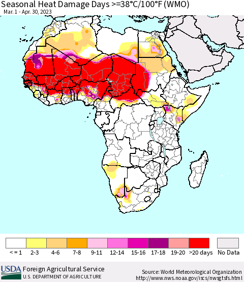 Africa Seasonal Heat Damage Days >=38°C/100°F (WMO) Thematic Map For 3/1/2023 - 4/30/2023