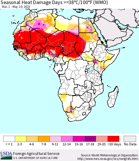 Africa Seasonal Heat Damage Days >=38°C/100°F (WMO) Thematic Map For 3/1/2023 - 5/10/2023