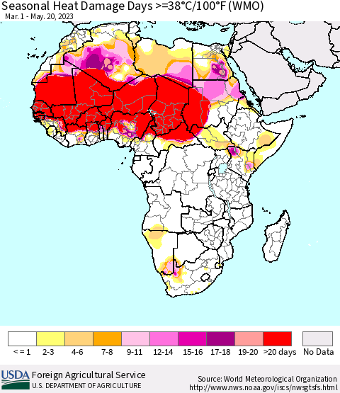 Africa Seasonal Heat Damage Days >=38°C/100°F (WMO) Thematic Map For 3/1/2023 - 5/20/2023