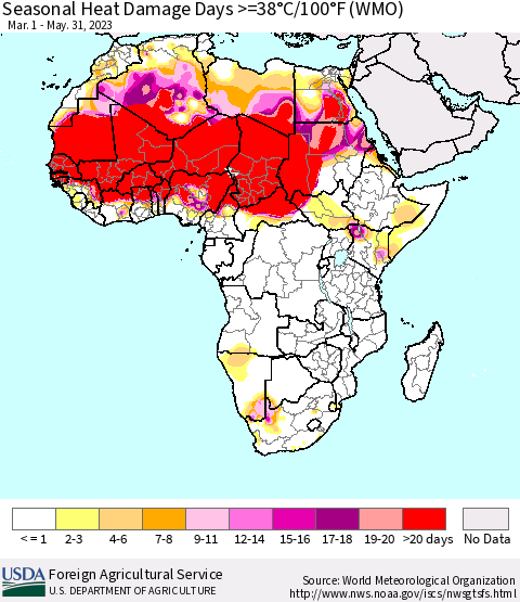 Africa Seasonal Heat Damage Days >=38°C/100°F (WMO) Thematic Map For 3/1/2023 - 5/31/2023