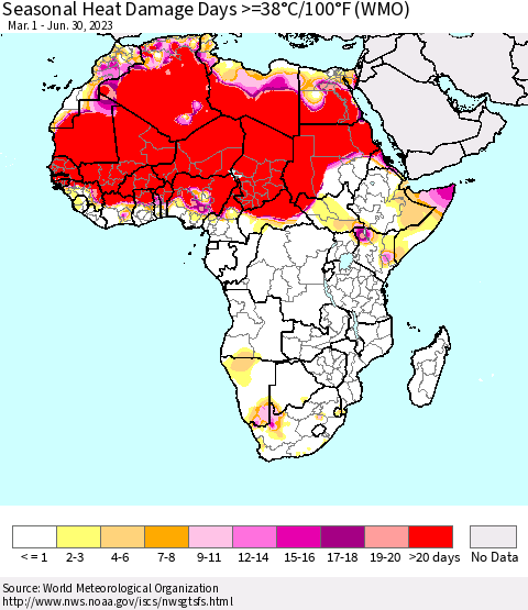 Africa Seasonal Heat Damage Days >=38°C/100°F (WMO) Thematic Map For 3/1/2023 - 6/30/2023