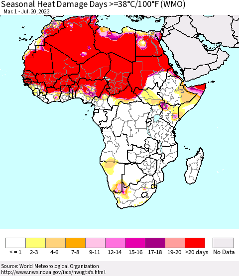 Africa Seasonal Heat Damage Days >=38°C/100°F (WMO) Thematic Map For 3/1/2023 - 7/20/2023