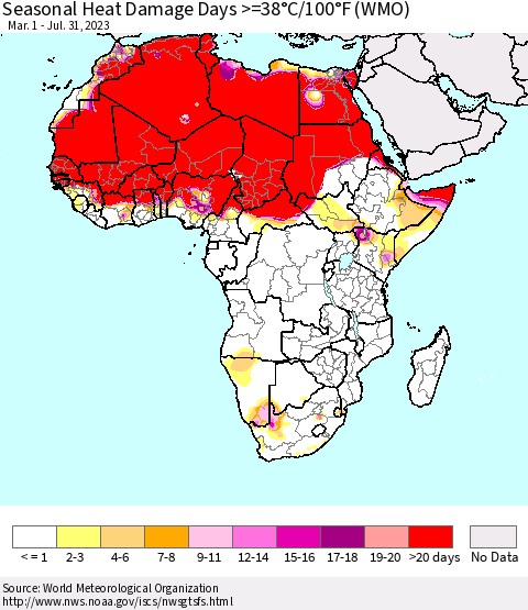 Africa Seasonal Heat Damage Days >=38°C/100°F (WMO) Thematic Map For 3/1/2023 - 7/31/2023