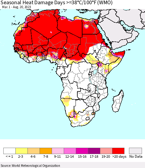 Africa Seasonal Heat Damage Days >=38°C/100°F (WMO) Thematic Map For 3/1/2023 - 8/20/2023