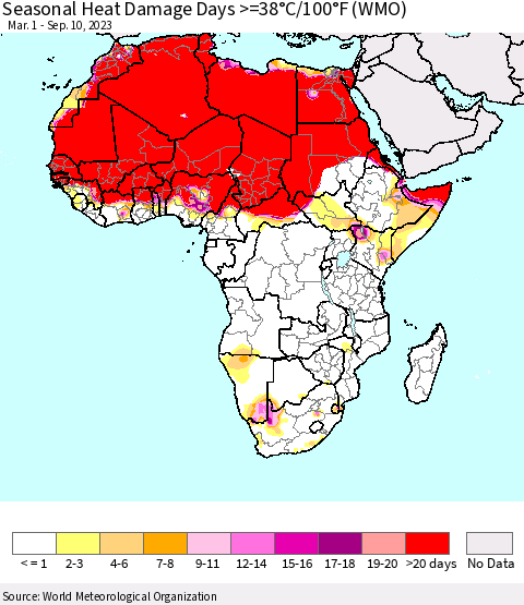 Africa Seasonal Heat Damage Days >=38°C/100°F (WMO) Thematic Map For 3/1/2023 - 9/10/2023