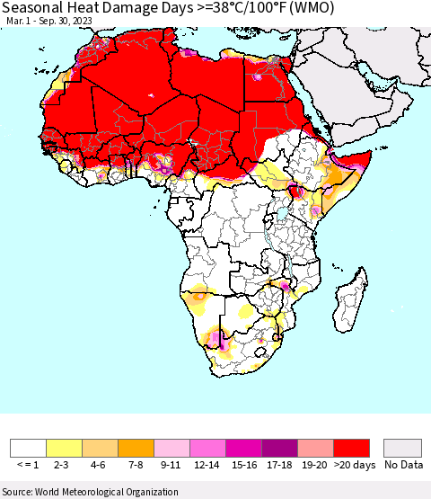 Africa Seasonal Heat Damage Days >=38°C/100°F (WMO) Thematic Map For 3/1/2023 - 9/30/2023
