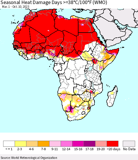 Africa Seasonal Heat Damage Days >=38°C/100°F (WMO) Thematic Map For 3/1/2023 - 10/10/2023