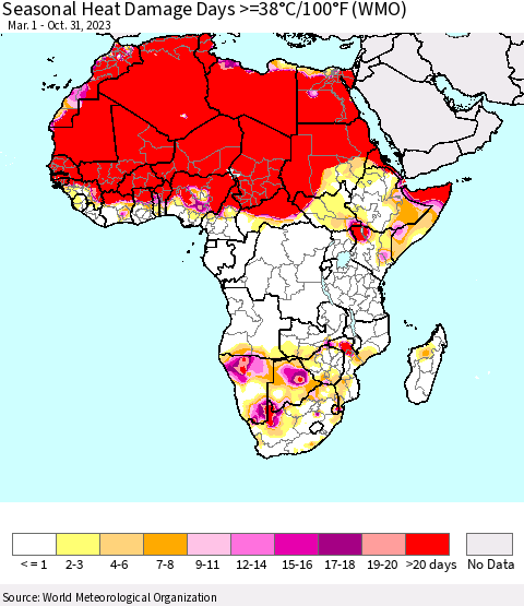 Africa Seasonal Heat Damage Days >=38°C/100°F (WMO) Thematic Map For 3/1/2023 - 10/31/2023