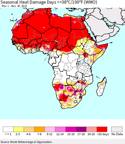 Africa Seasonal Heat Damage Days >=38°C/100°F (WMO) Thematic Map For 3/1/2023 - 11/30/2023
