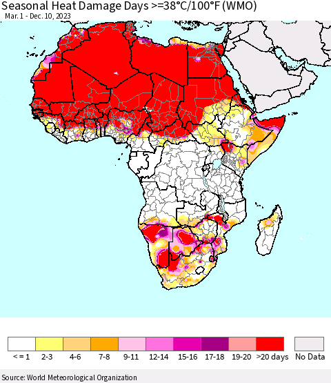 Africa Seasonal Heat Damage Days >=38°C/100°F (WMO) Thematic Map For 3/1/2023 - 12/10/2023