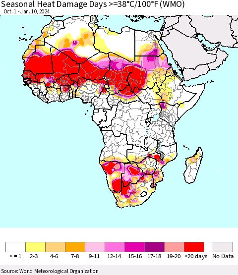 Africa Seasonal Heat Damage Days >=38°C/100°F (WMO) Thematic Map For 10/1/2023 - 1/10/2024