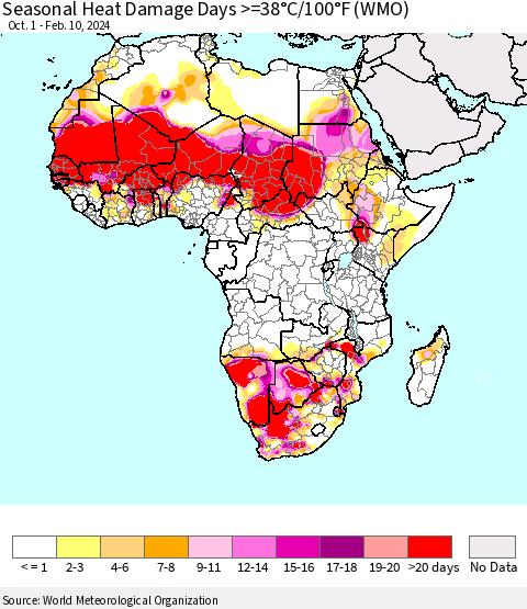 Africa Seasonal Heat Damage Days >=38°C/100°F (WMO) Thematic Map For 10/1/2023 - 2/10/2024