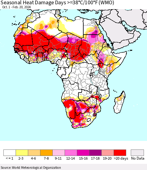 Africa Seasonal Heat Damage Days >=38°C/100°F (WMO) Thematic Map For 10/1/2023 - 2/20/2024