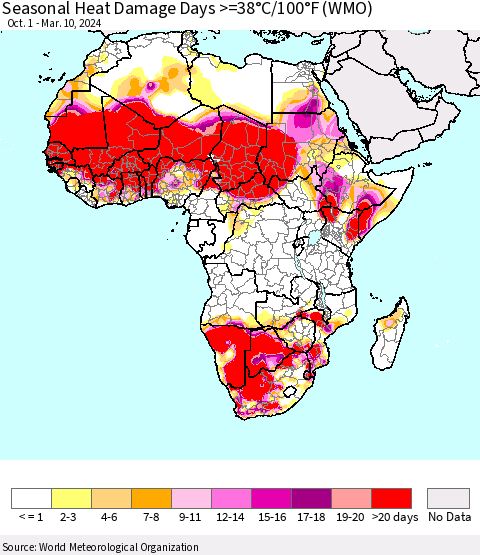Africa Seasonal Heat Damage Days >=38°C/100°F (WMO) Thematic Map For 10/1/2023 - 3/10/2024