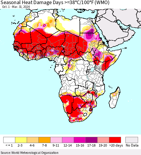 Africa Seasonal Heat Damage Days >=38°C/100°F (WMO) Thematic Map For 10/1/2023 - 3/31/2024