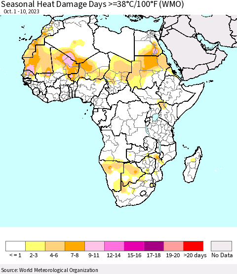 Africa Seasonal Heat Damage Days >=38°C/100°F (WMO) Thematic Map For 10/1/2023 - 10/10/2023