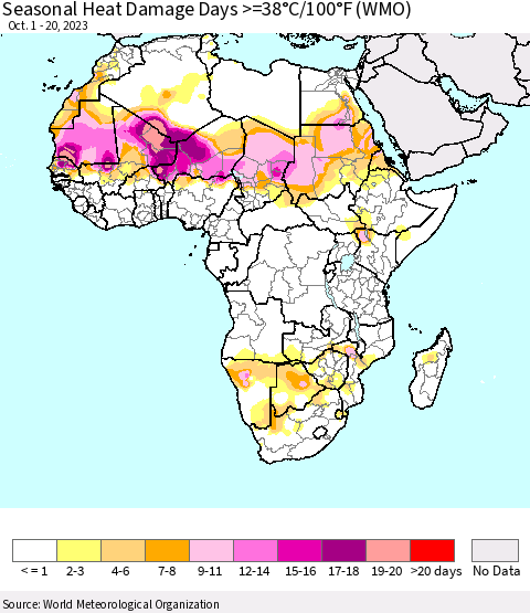 Africa Seasonal Heat Damage Days >=38°C/100°F (WMO) Thematic Map For 10/1/2023 - 10/20/2023