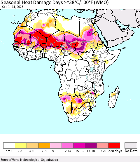 Africa Seasonal Heat Damage Days >=38°C/100°F (WMO) Thematic Map For 10/1/2023 - 10/31/2023