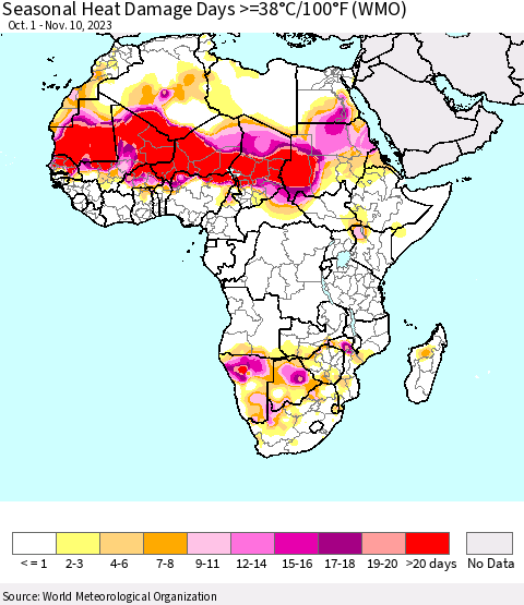 Africa Seasonal Heat Damage Days >=38°C/100°F (WMO) Thematic Map For 10/1/2023 - 11/10/2023