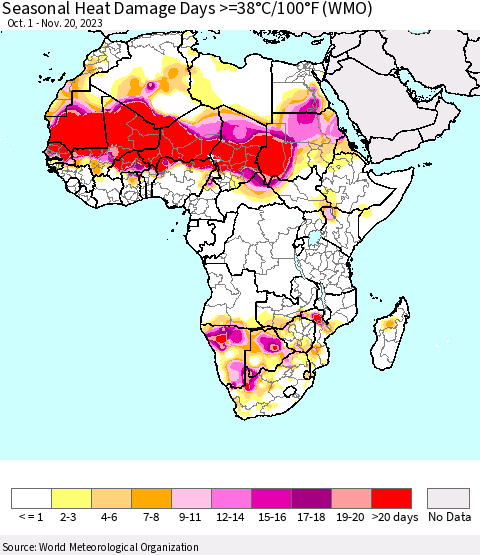 Africa Seasonal Heat Damage Days >=38°C/100°F (WMO) Thematic Map For 10/1/2023 - 11/20/2023