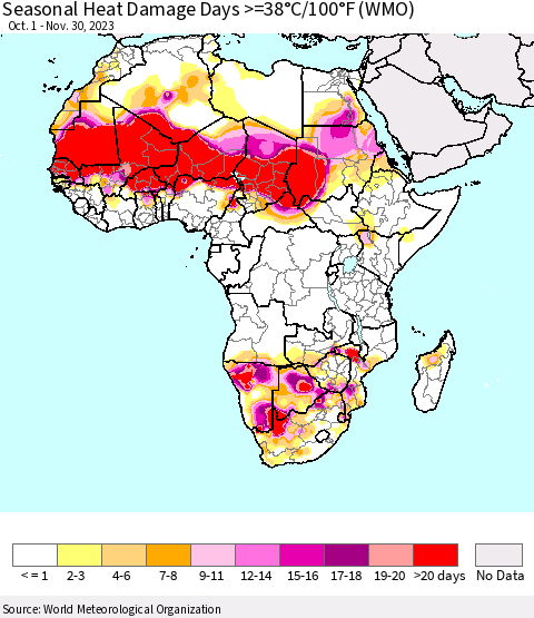 Africa Seasonal Heat Damage Days >=38°C/100°F (WMO) Thematic Map For 10/1/2023 - 11/30/2023