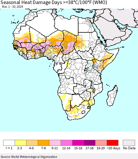 Africa Seasonal Heat Damage Days >=38°C/100°F (WMO) Thematic Map For 3/1/2024 - 3/10/2024