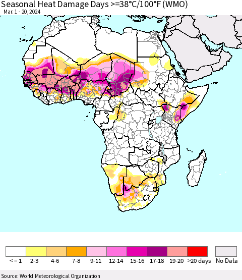 Africa Seasonal Heat Damage Days >=38°C/100°F (WMO) Thematic Map For 3/1/2024 - 3/20/2024
