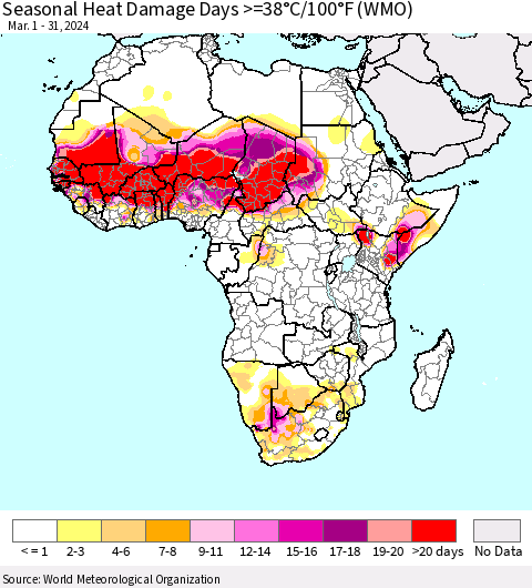 Africa Seasonal Heat Damage Days >=38°C/100°F (WMO) Thematic Map For 3/1/2024 - 3/31/2024