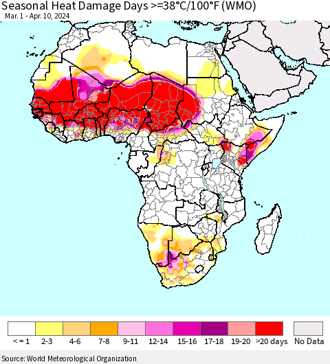 Africa Seasonal Heat Damage Days >=38°C/100°F (WMO) Thematic Map For 3/1/2024 - 4/10/2024
