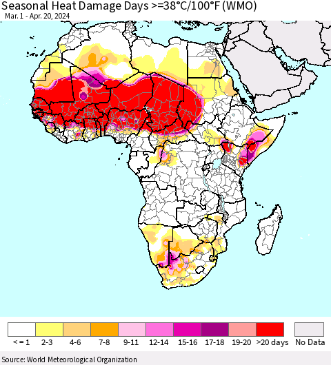 Africa Seasonal Heat Damage Days >=38°C/100°F (WMO) Thematic Map For 3/1/2024 - 4/20/2024