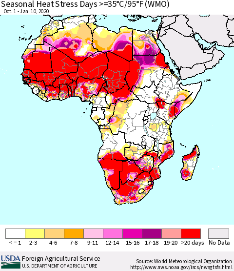 Africa Seasonal Heat Stress Days >=35°C/95°F (WMO) Thematic Map For 10/1/2019 - 1/10/2020