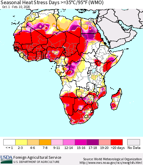 Africa Seasonal Heat Stress Days >=35°C/95°F (WMO) Thematic Map For 10/1/2019 - 2/10/2020