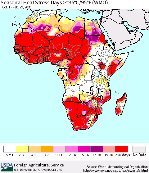 Africa Seasonal Heat Stress Days >=35°C/95°F (WMO) Thematic Map For 10/1/2019 - 2/29/2020