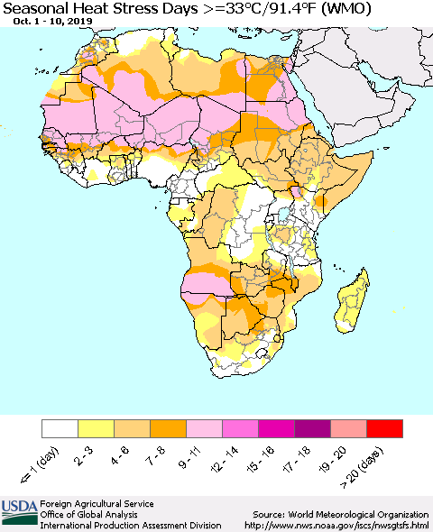 Africa Seasonal Heat Stress Days >=35°C/95°F (WMO) Thematic Map For 10/1/2019 - 10/10/2019