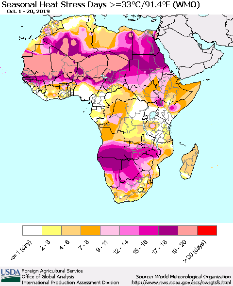 Africa Seasonal Heat Stress Days >=35°C/95°F (WMO) Thematic Map For 10/1/2019 - 10/20/2019