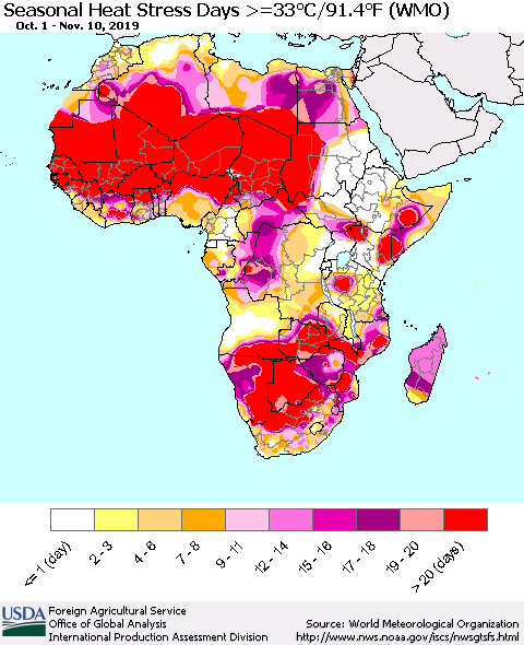 Africa Seasonal Heat Stress Days >=35°C/95°F (WMO) Thematic Map For 10/1/2019 - 11/10/2019