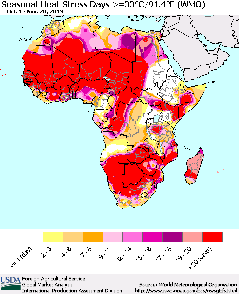 Africa Seasonal Heat Stress Days >=35°C/95°F (WMO) Thematic Map For 10/1/2019 - 11/20/2019